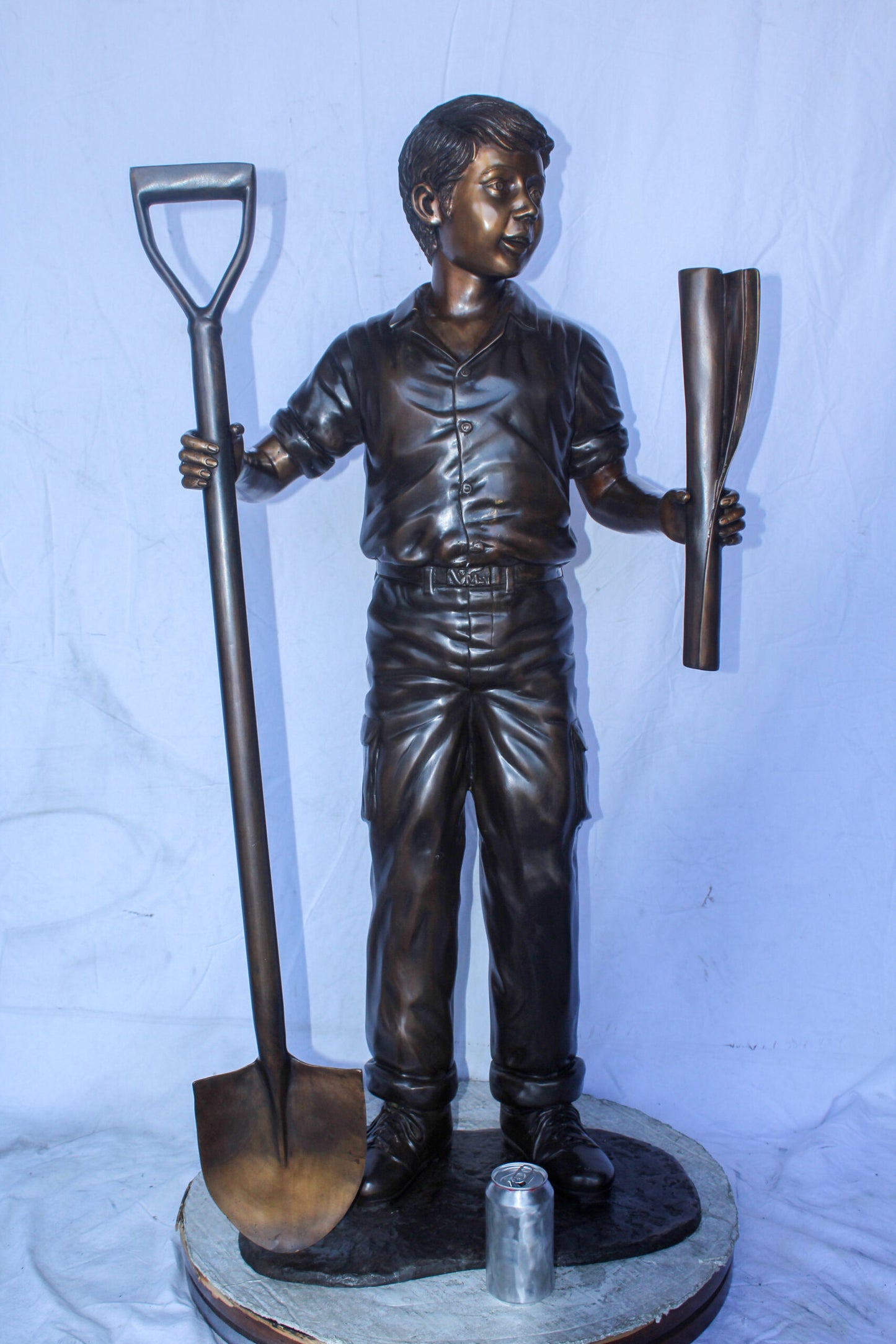 A Boy with Shovel, Charming Garden Bronze Statue 24" x 15" x 27"H