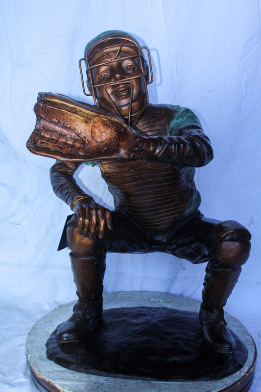 Baseball Catcher bronze statue, Dynamic Sports Decor 26" x 23" x 34"H