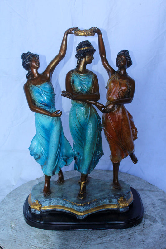 Three Dancing Ladies, Colorful Bronze Statue on a marble base 15" x 10" x 23"H