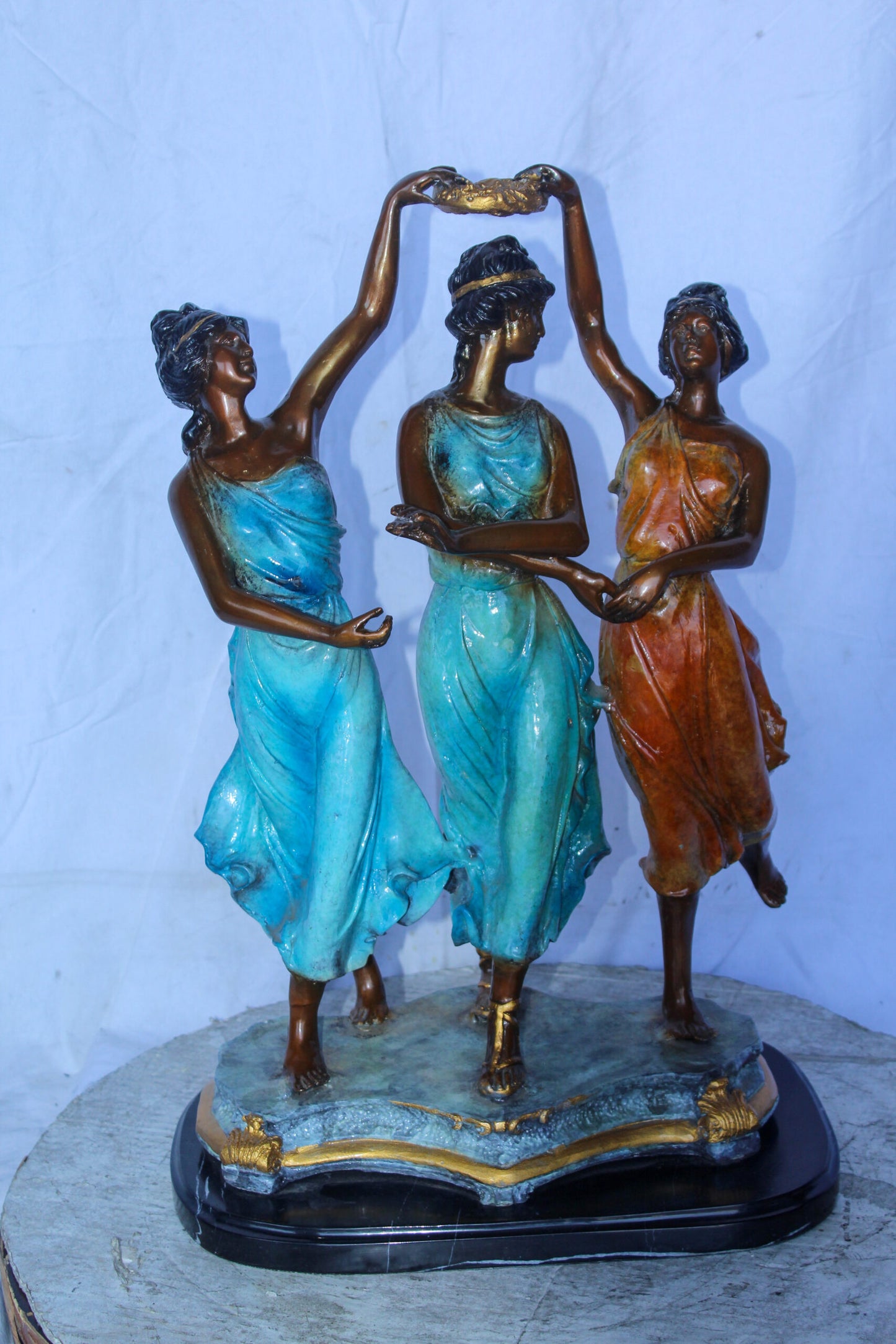 Three Dancing Ladies, Colorful Bronze Statue on a marble base 15" x 10" x 23"H