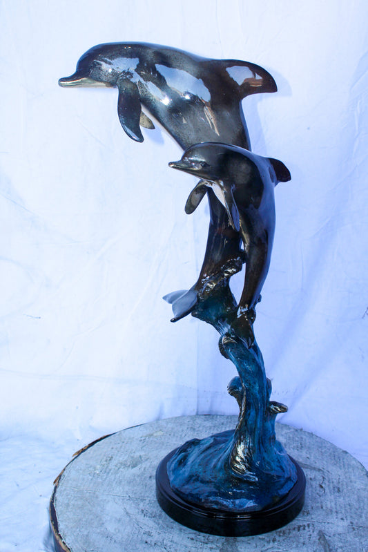 Two Dolphins Jumping of the Water Bronze Statue 11" x 12" x 31"H