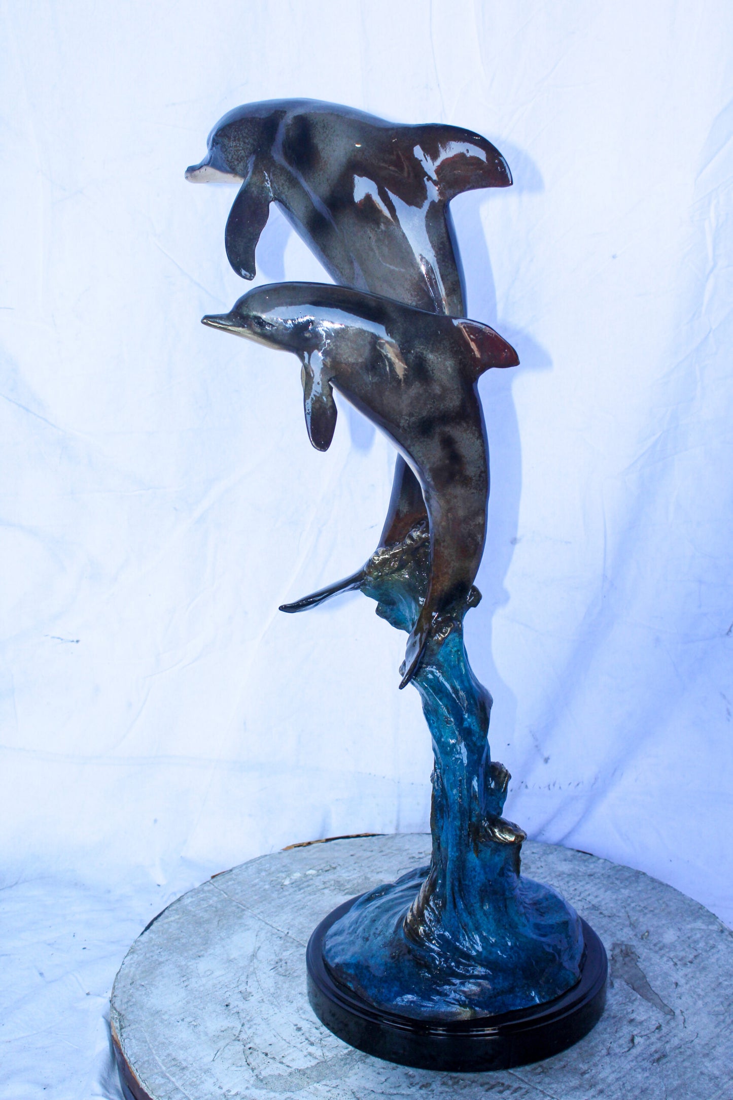 Two Dolphins Jumping of the Water Bronze Statue 11" x 12" x 31"H