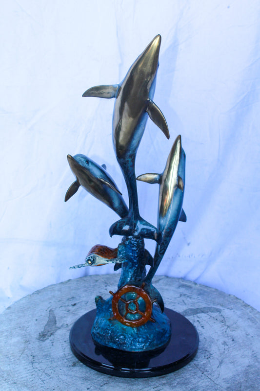 Three Dolphins Jumping, Sea Turtle, Colored Bronze Statue 11" x 11" x 24"H
