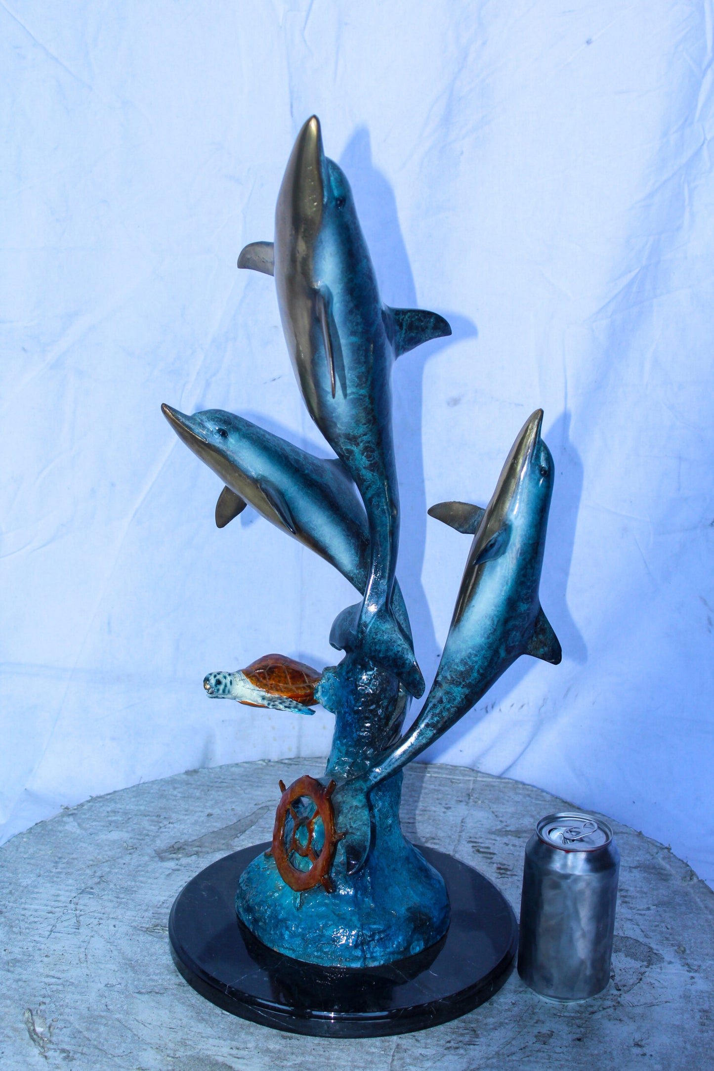 Three Dolphins Jumping, Sea Turtle, Colored Bronze Statue 11" x 11" x 24"H