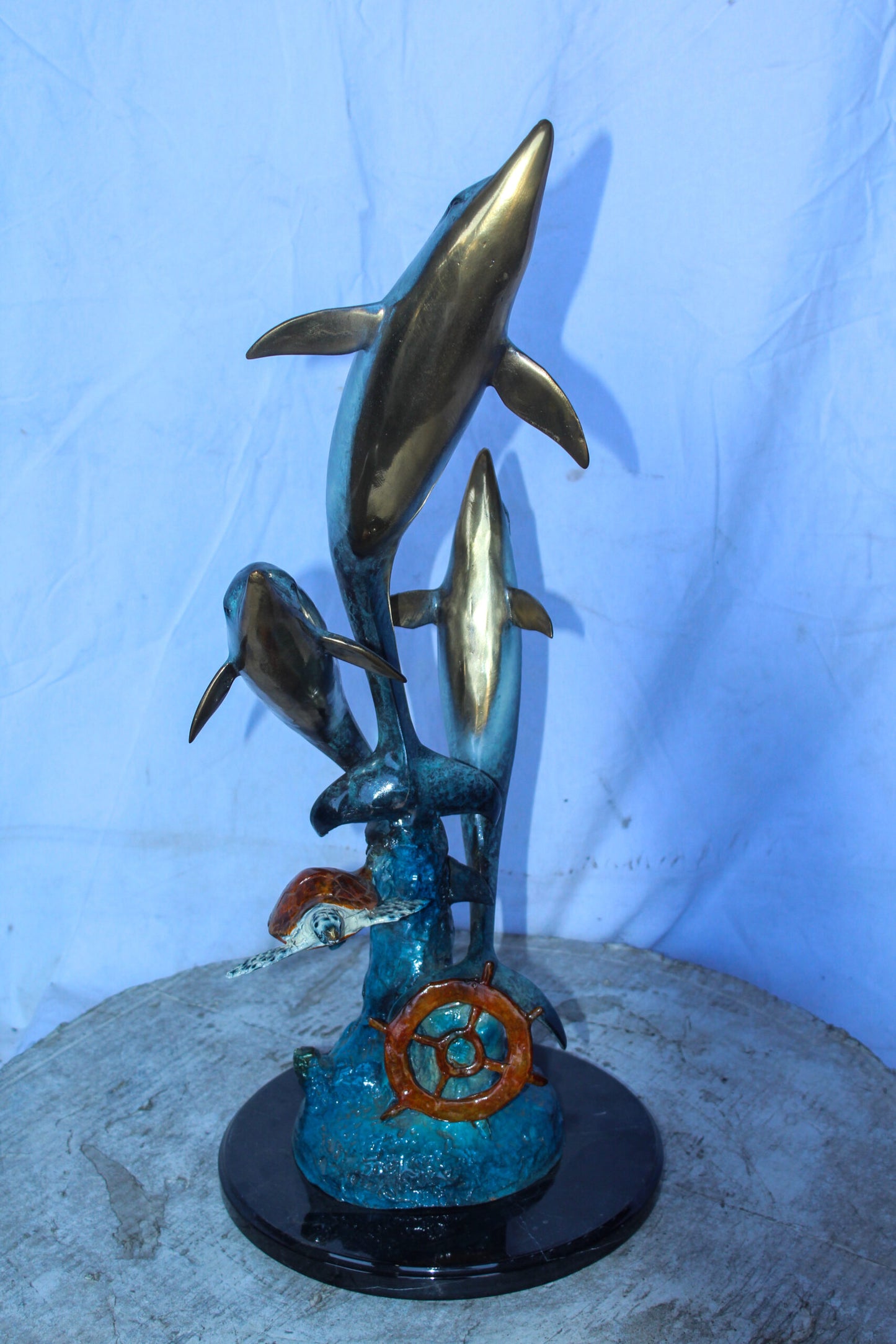 Three Dolphins Jumping, Sea Turtle, Colored Bronze Statue 11" x 11" x 24"H