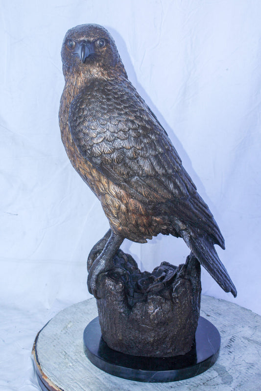 Hawk Bronze Statue Standing on Tree Stump with Marble Base 12" x 15" x 29"H