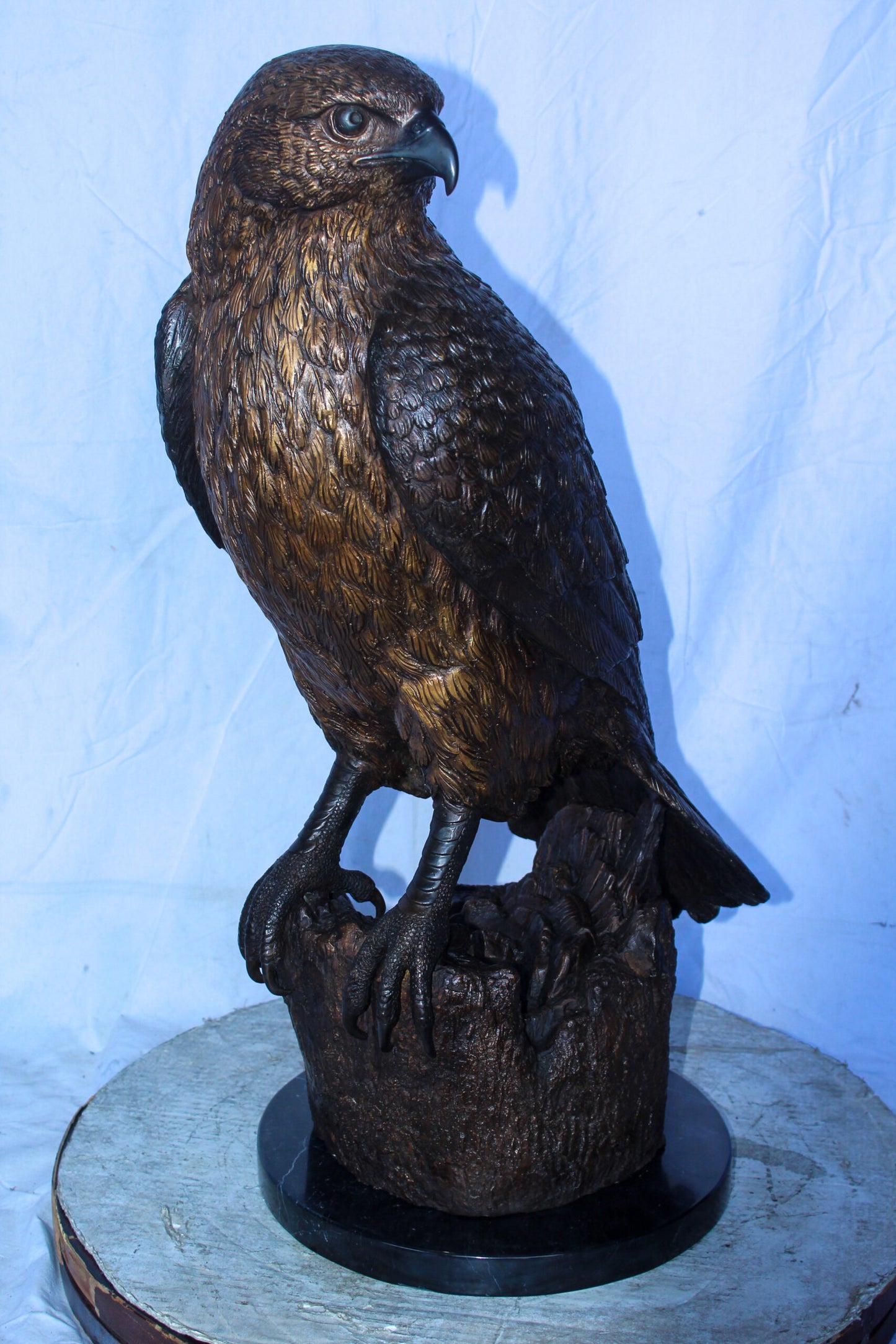 Hawk Bronze Statue Standing on Tree Stump with Marble Base 12" x 15" x 29"H
