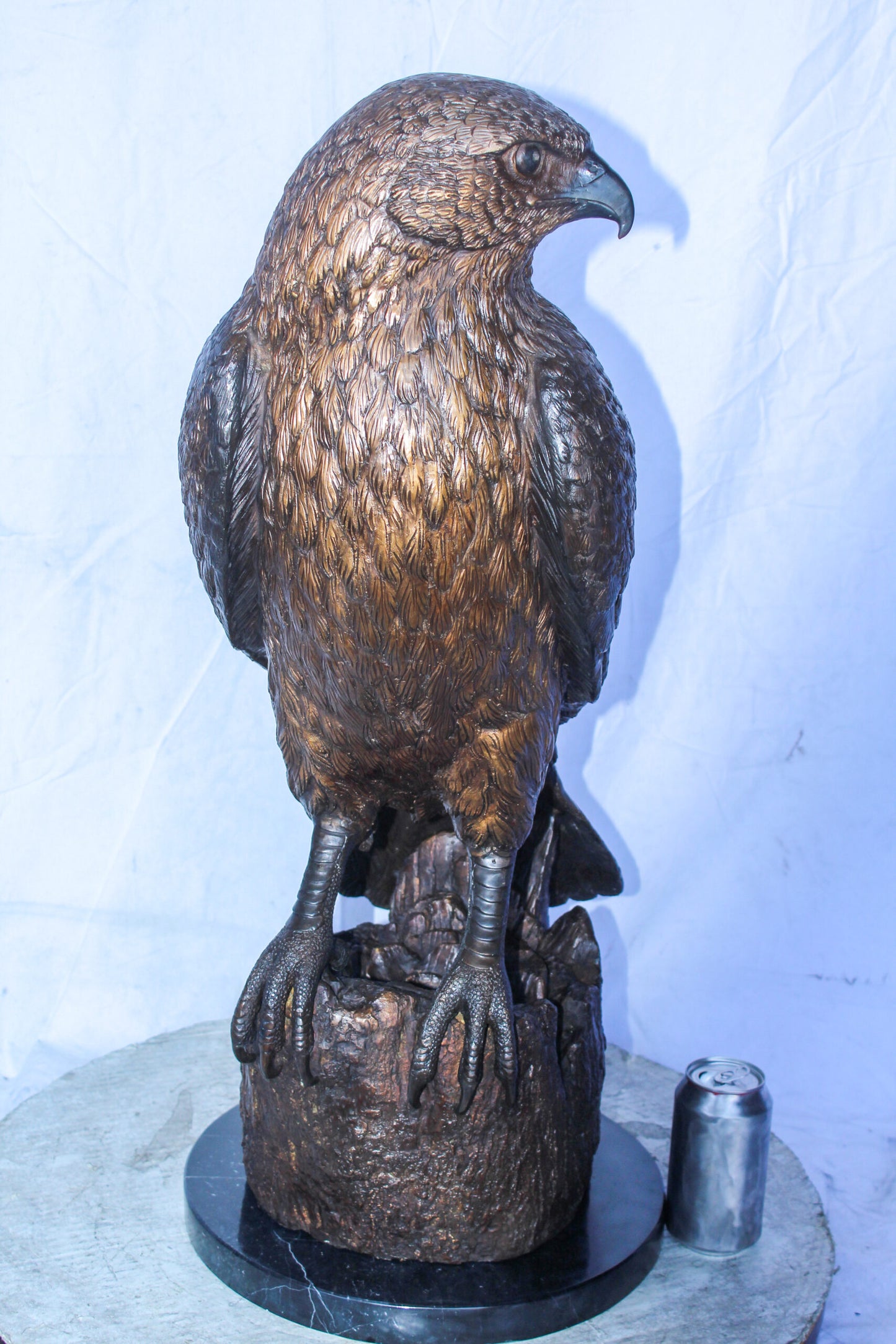 Hawk Bronze Statue Standing on Tree Stump with Marble Base 12" x 15" x 29"H