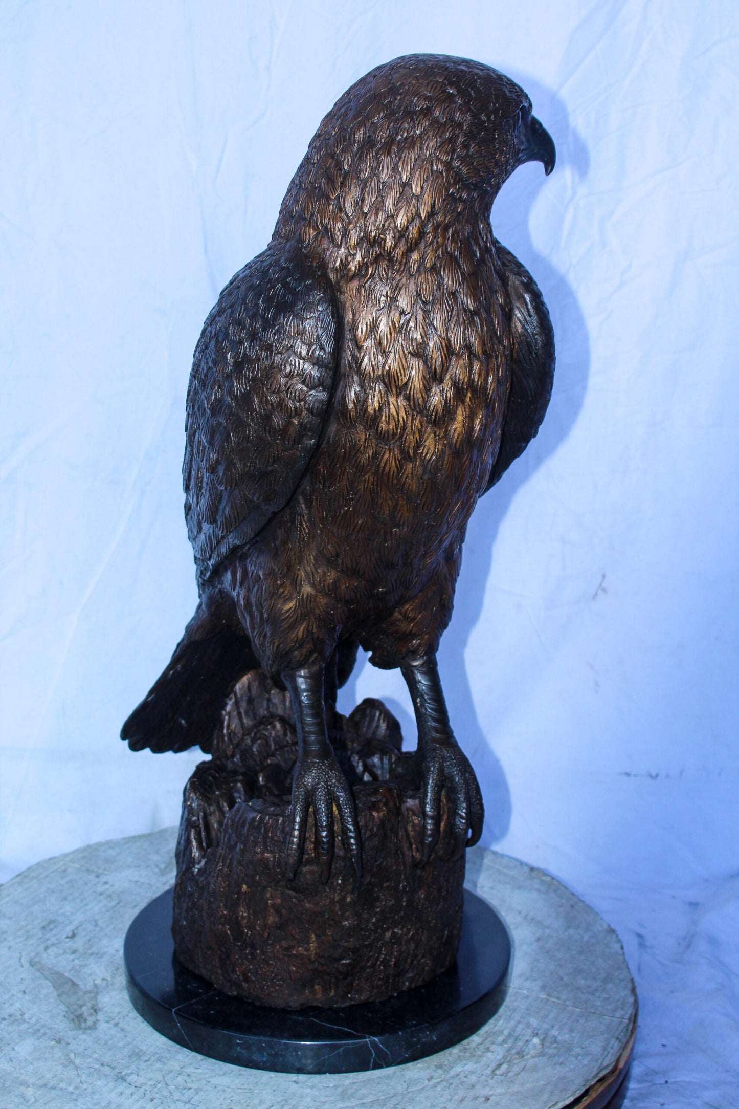 Hawk Bronze Statue Standing on Tree Stump with Marble Base 12" x 15" x 29"H