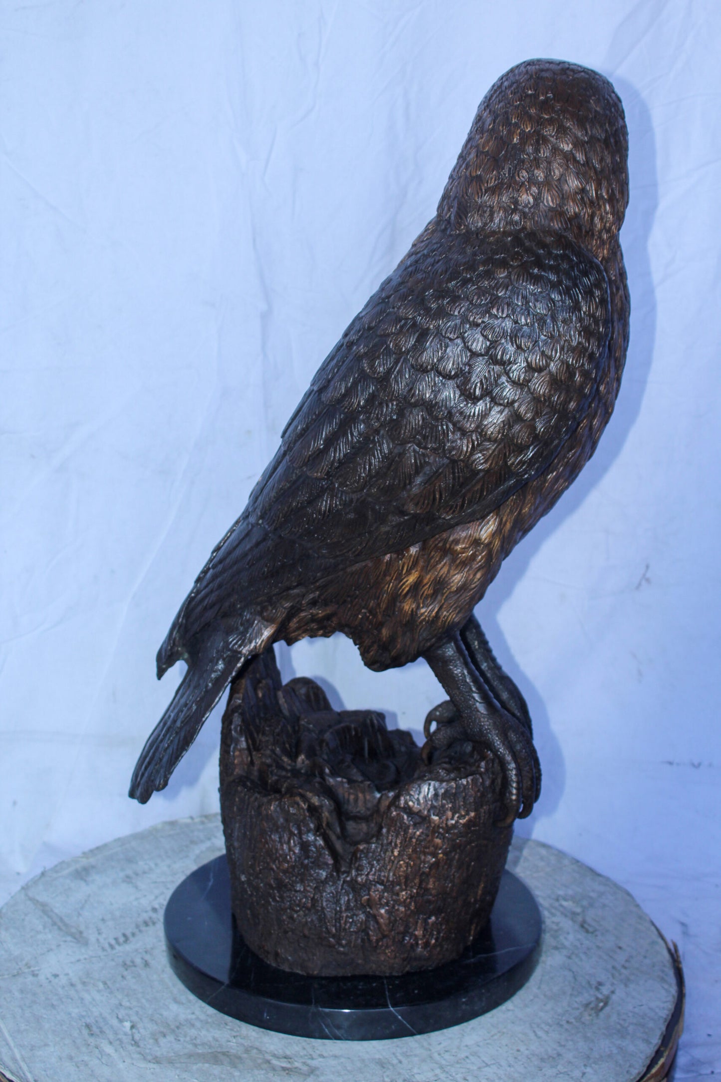 Hawk Bronze Statue Standing on Tree Stump with Marble Base 12" x 15" x 29"H