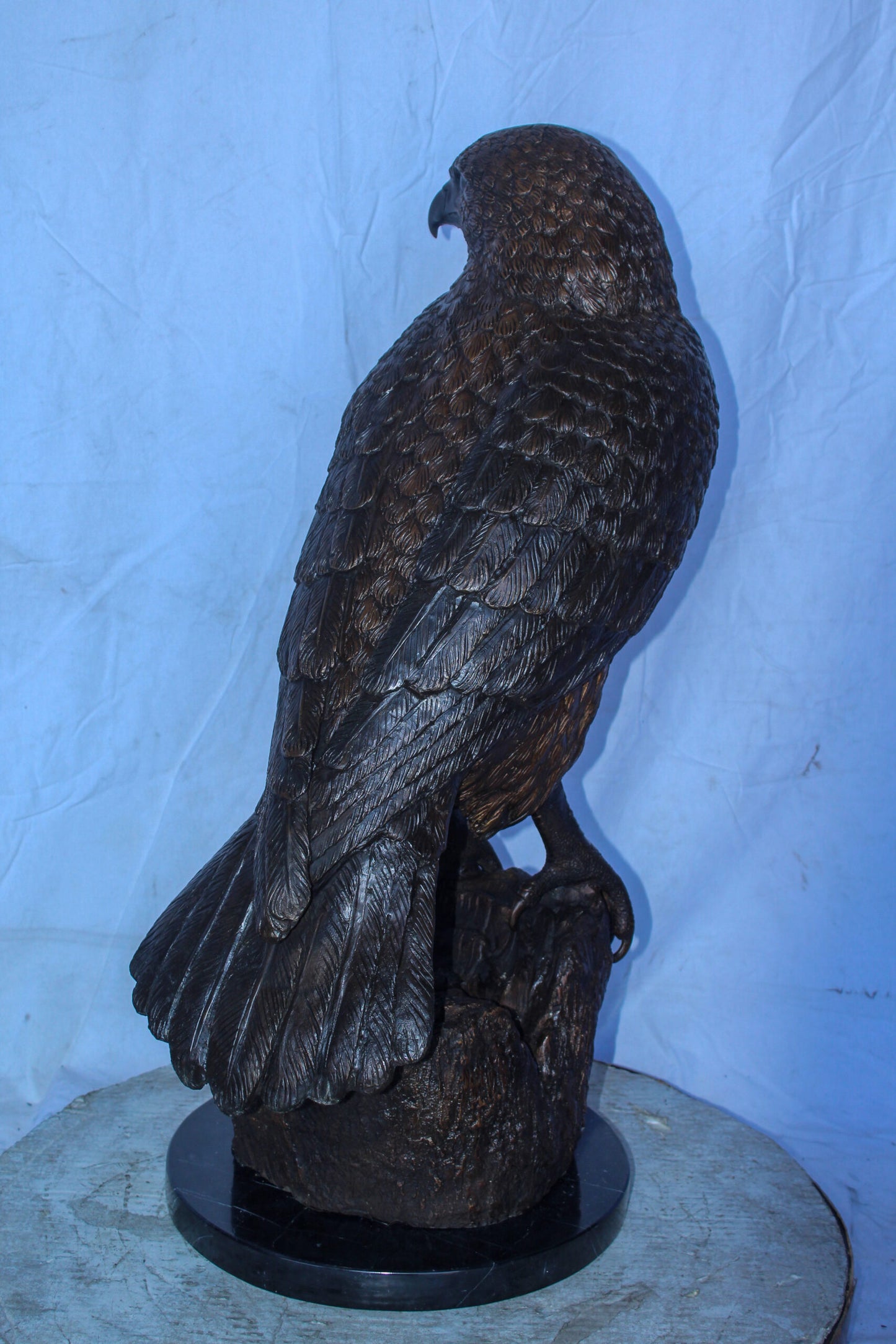 Hawk Bronze Statue Standing on Tree Stump with Marble Base 12" x 15" x 29"H