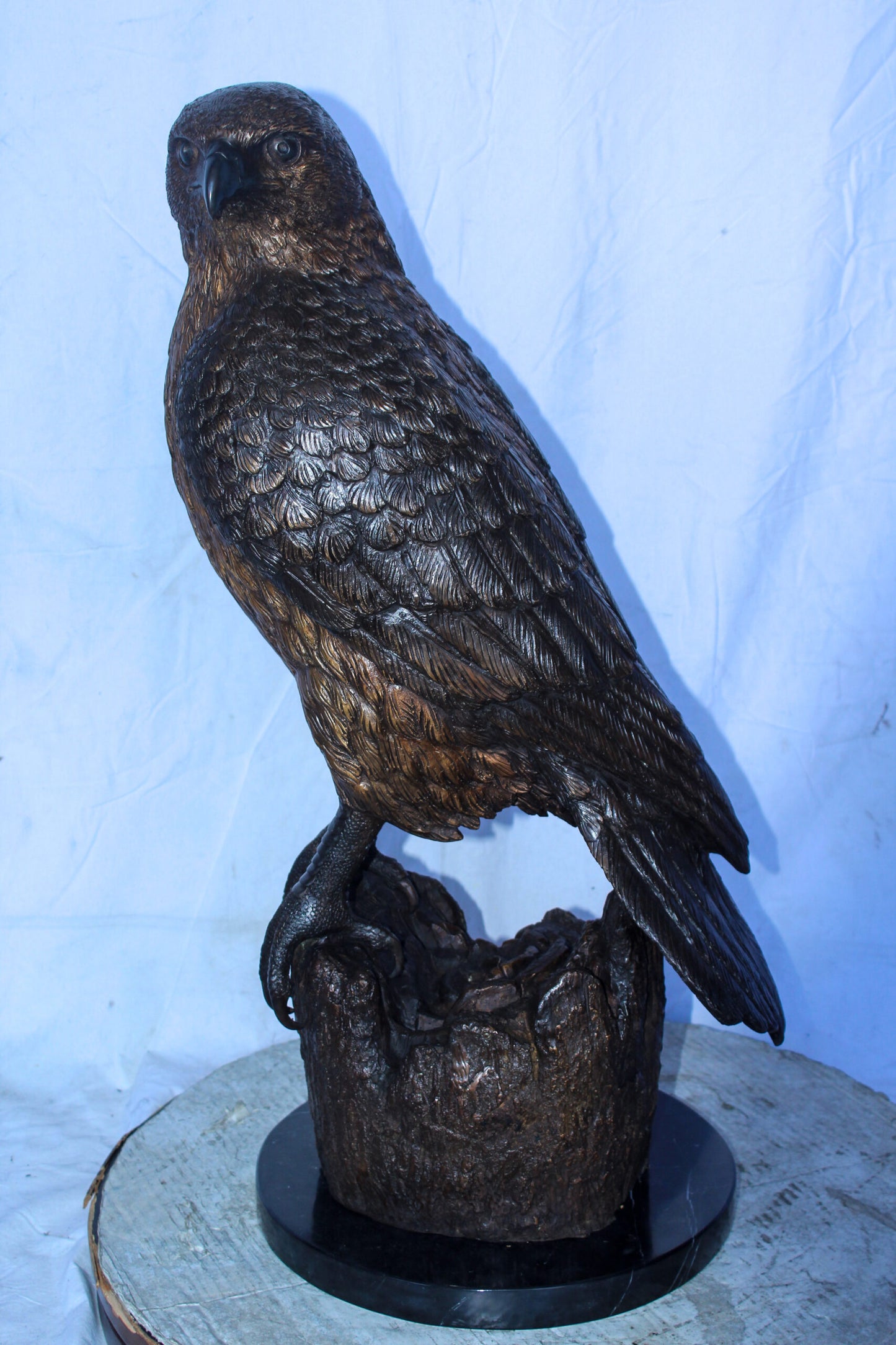 Hawk Bronze Statue Standing on Tree Stump with Marble Base 12" x 15" x 29"H
