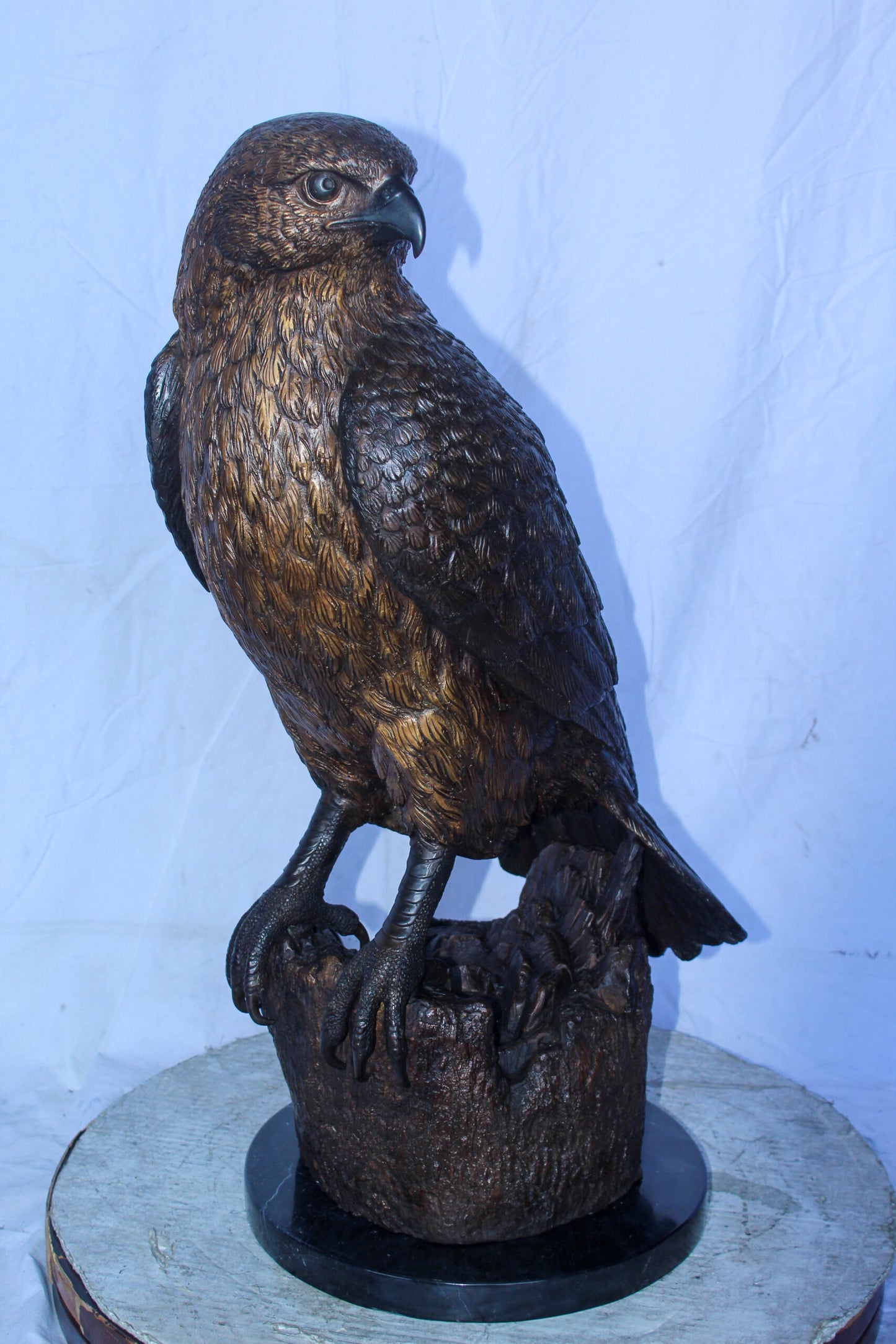 Hawk Bronze Statue Standing on Tree Stump with Marble Base 12" x 15" x 29"H