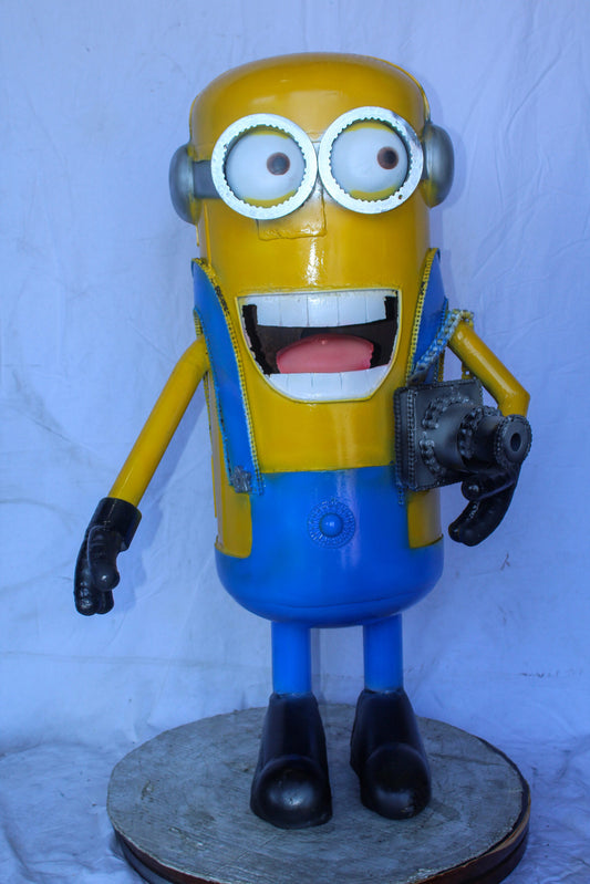 Comical Metal Scrap Statue of Boy with Camera, Whimsical Art 26" x 19" x 42"H