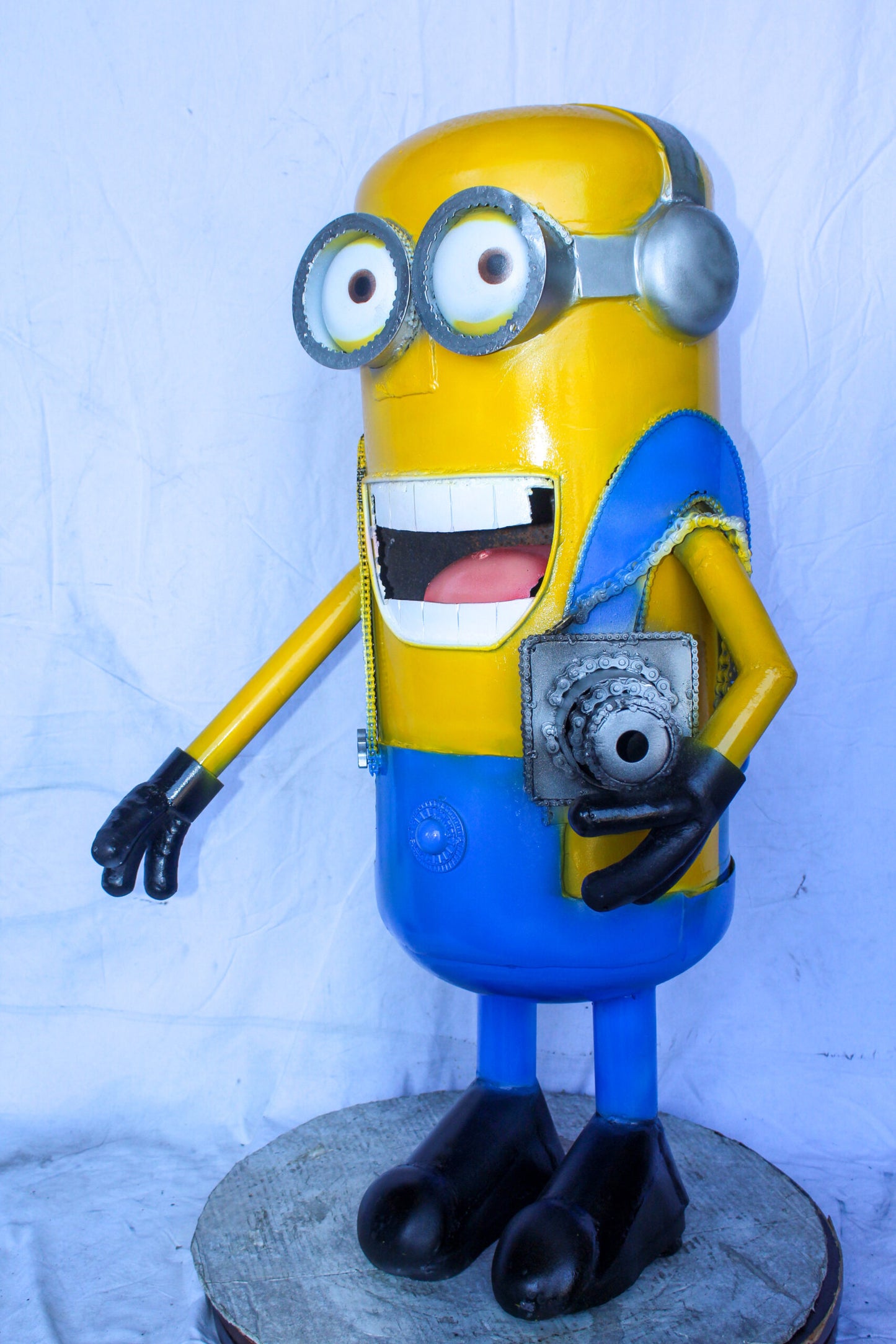 Comical Metal Scrap Statue of Boy with Camera, Whimsical Art 26" x 19" x 42"H