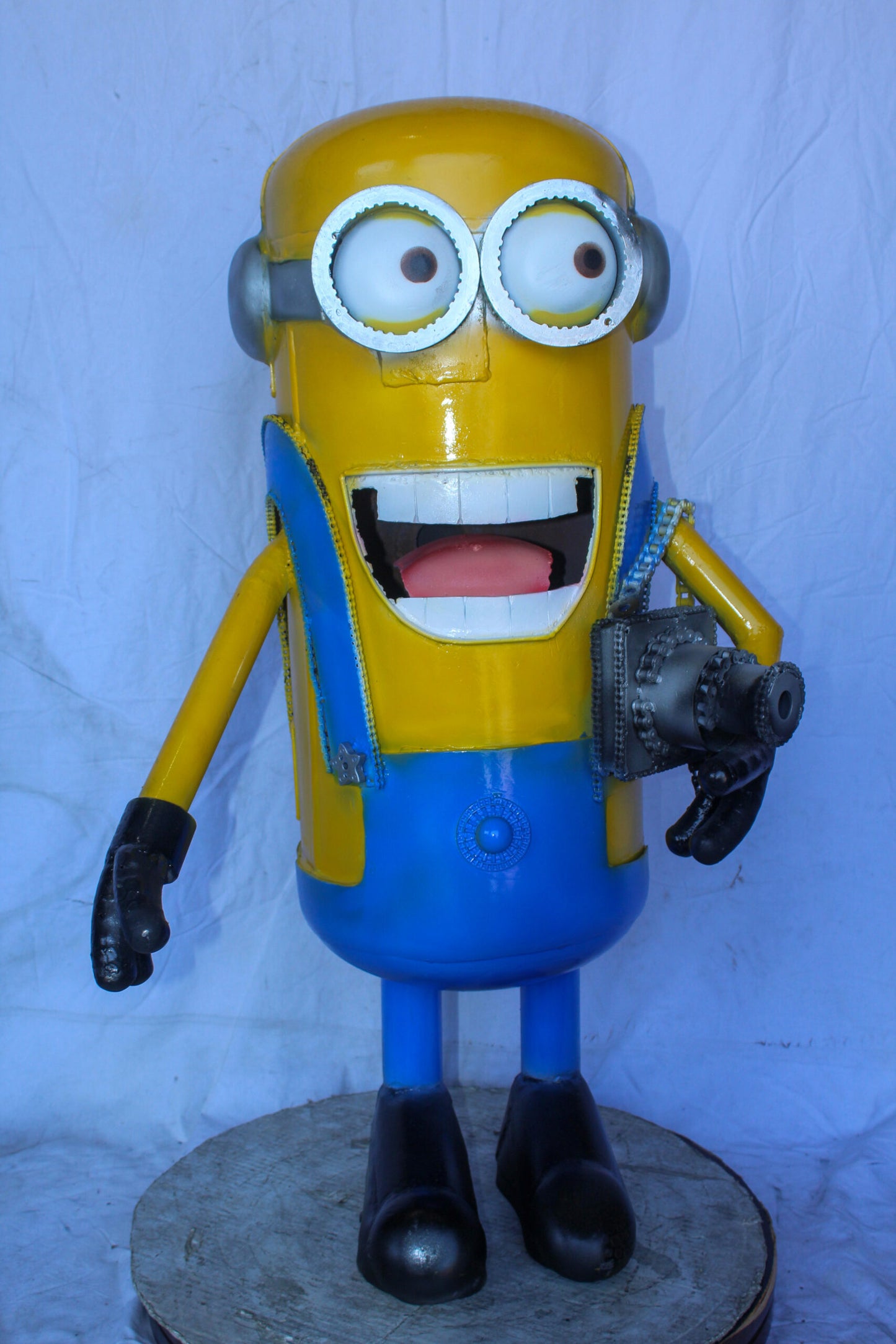 Comical Metal Scrap Statue of Boy with Camera, Whimsical Art 26" x 19" x 42"H