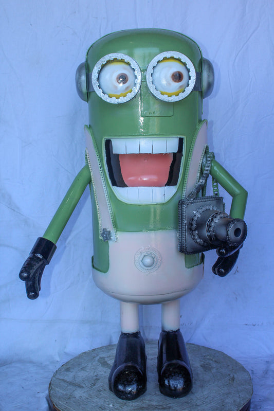 Amusing Metal Scrap Statue of Boy Holding a Camera, Unique Art 26" x 18" x 41"H