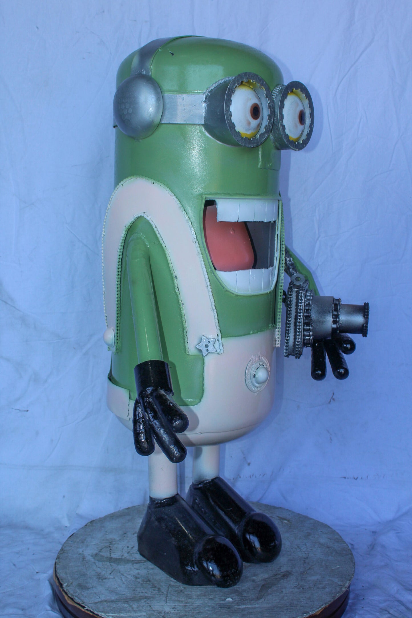 Amusing Metal Scrap Statue of Boy Holding a Camera, Unique Art 26" x 18" x 41"H