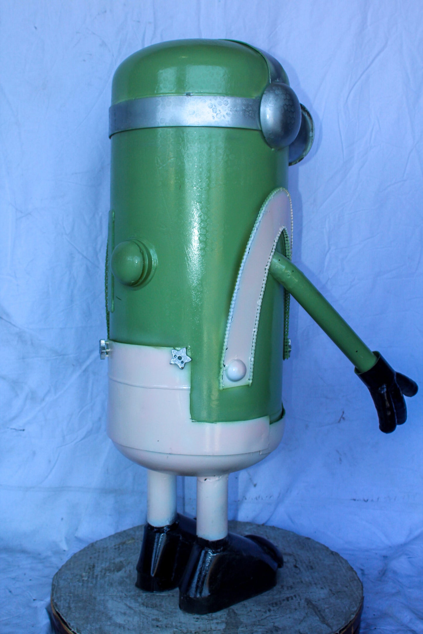 Amusing Metal Scrap Statue of Boy Holding a Camera, Unique Art 26" x 18" x 41"H