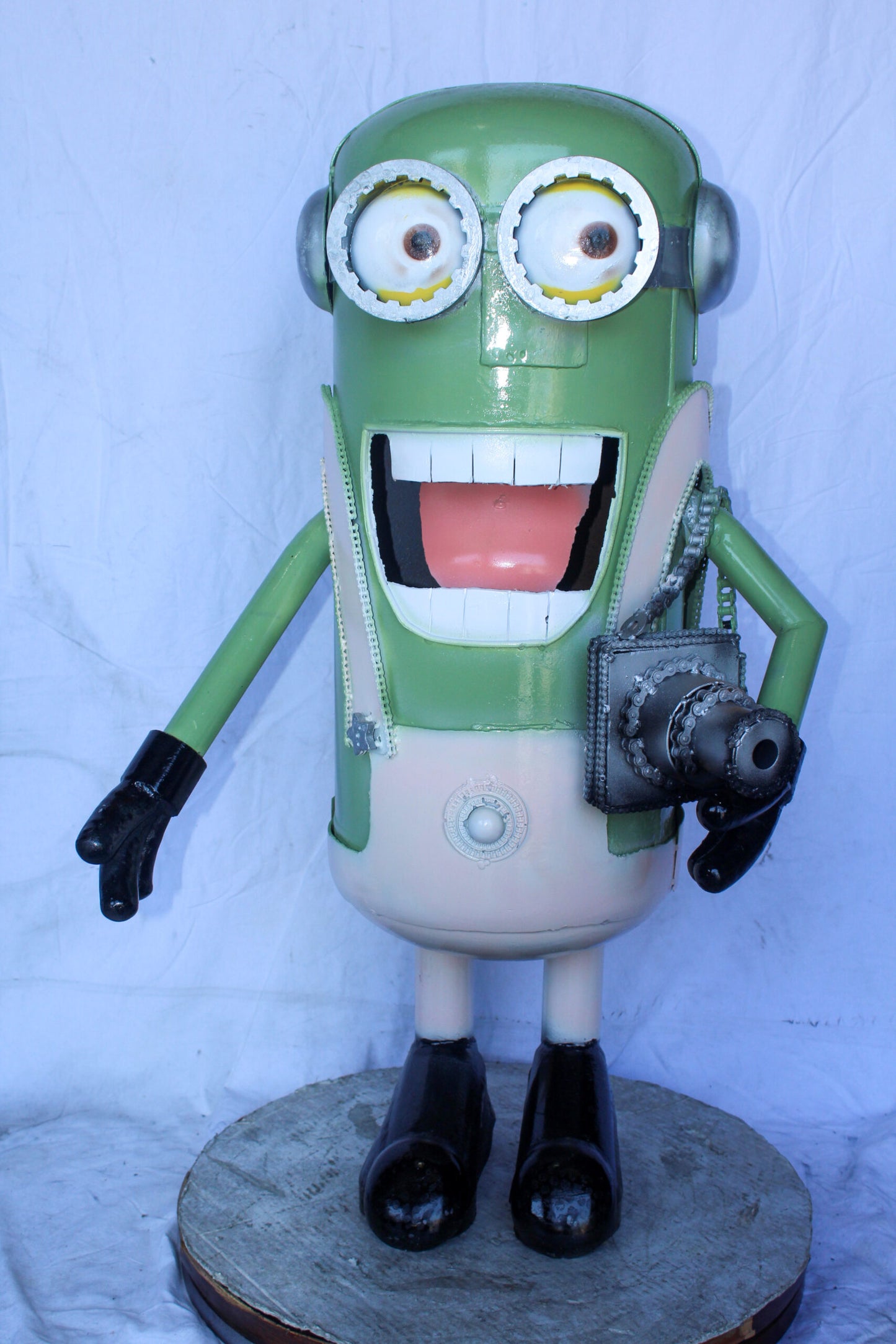 Amusing Metal Scrap Statue of Boy Holding a Camera, Unique Art 26" x 18" x 41"H