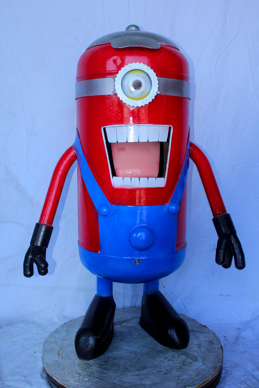 Comical Metal Scrap Statue of Boy With One Eye, Whimsical Art 28" x 15" x 42"H