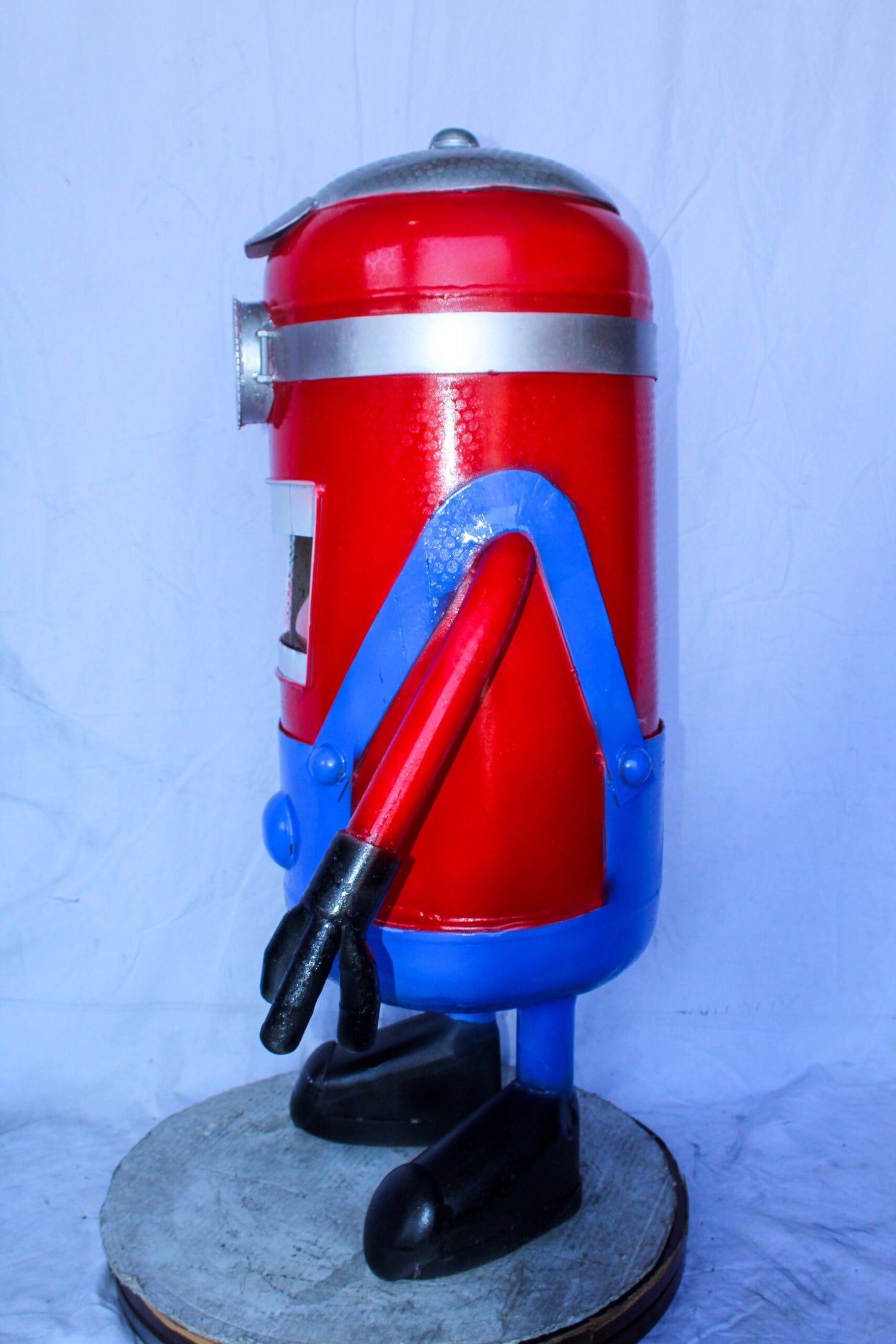 Comical Metal Scrap Statue of Boy With One Eye, Whimsical Art 28" x 15" x 42"H