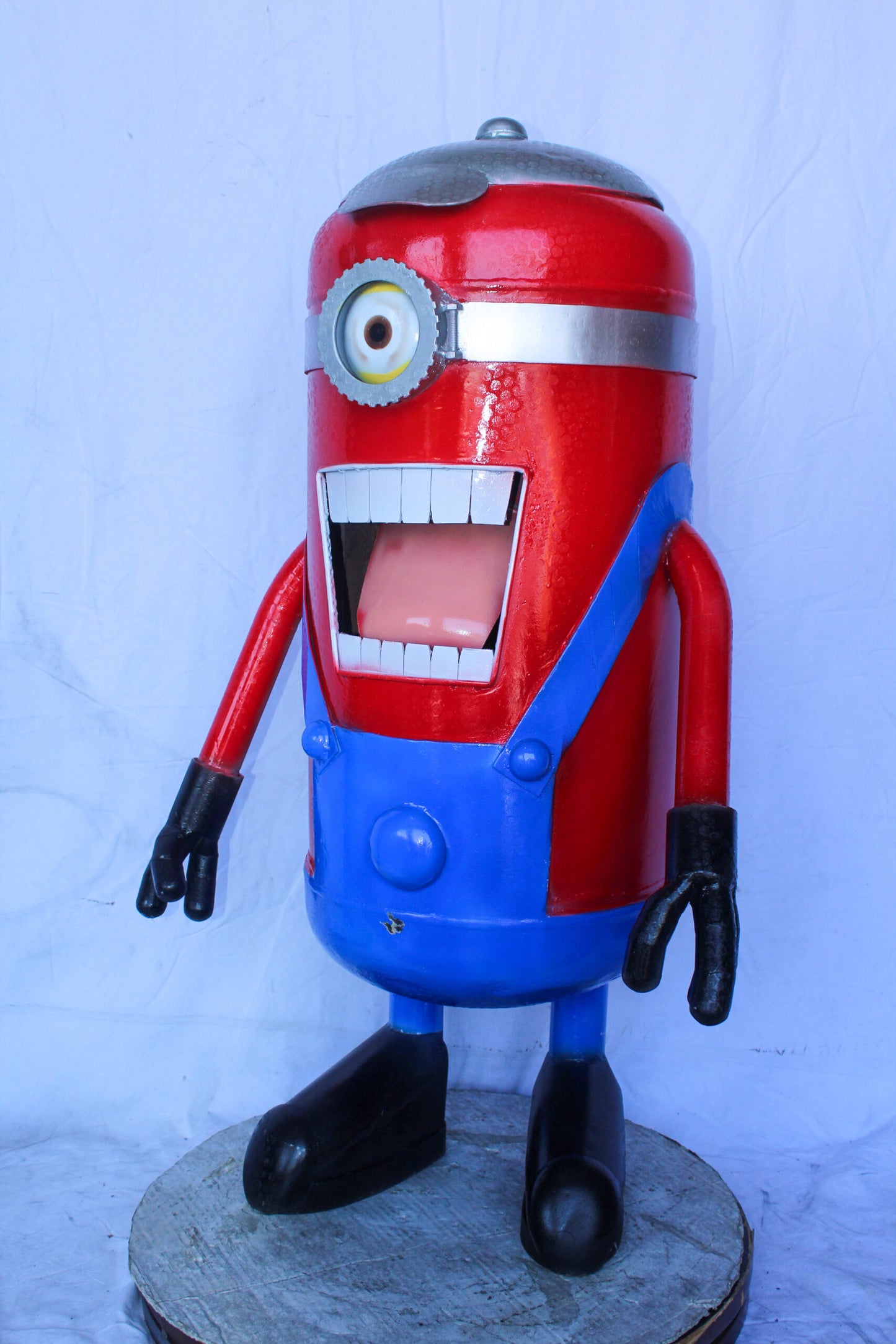 Comical Metal Scrap Statue of Boy With One Eye, Whimsical Art 28" x 15" x 42"H