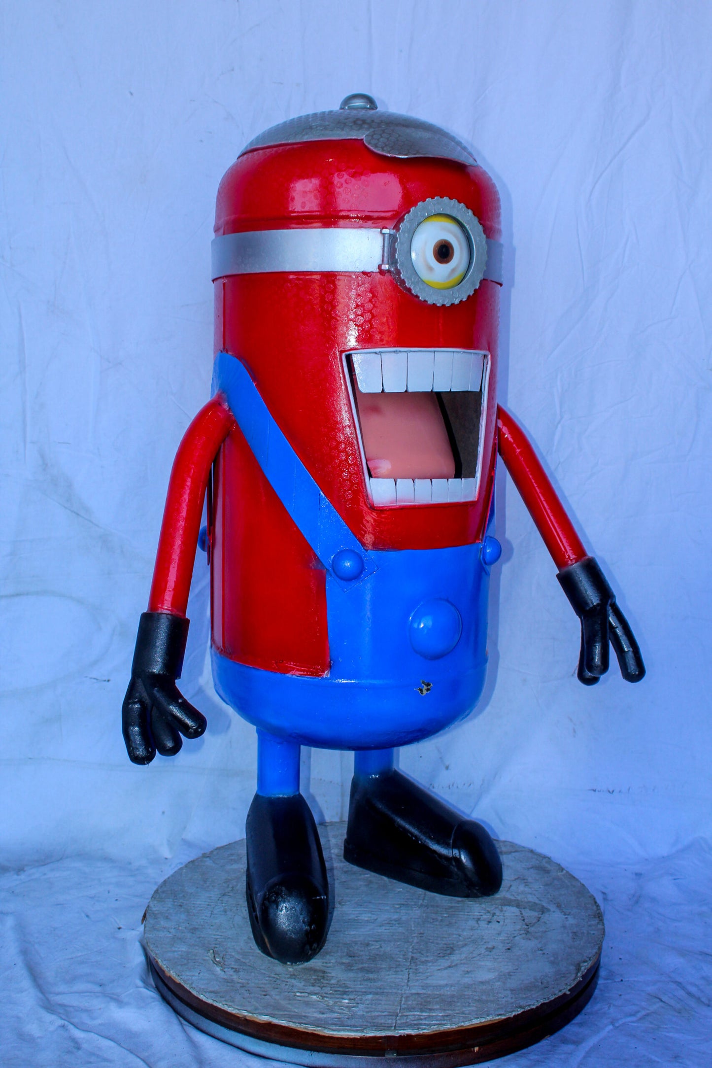 Comical Metal Scrap Statue of Boy With One Eye, Whimsical Art 28" x 15" x 42"H