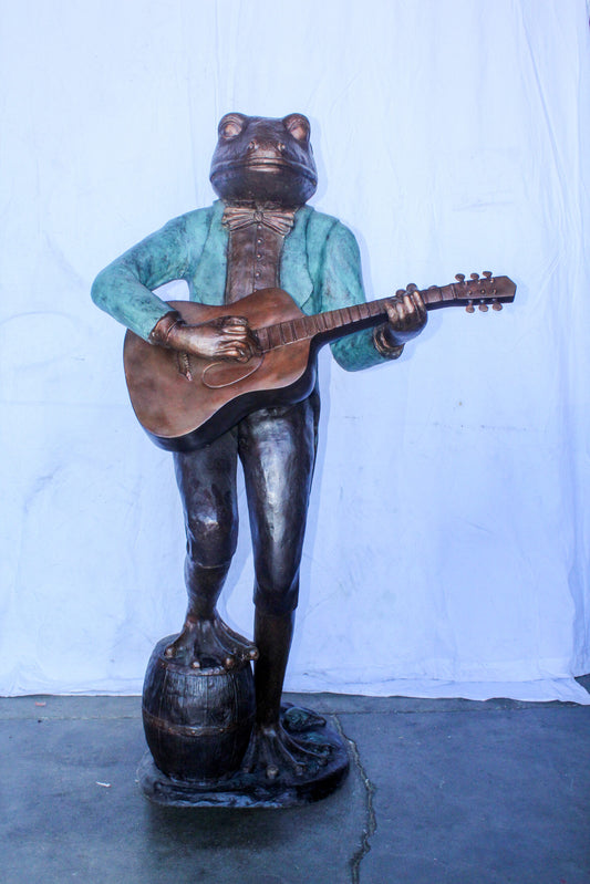 Frog Playing Guitar Bronze Statue, Comical Art Decor 35" x 24" x 62"H