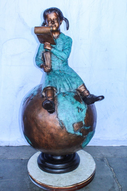 Girl Reading Book on Top of the World Bronze Statue 27" x 26" x 53"H