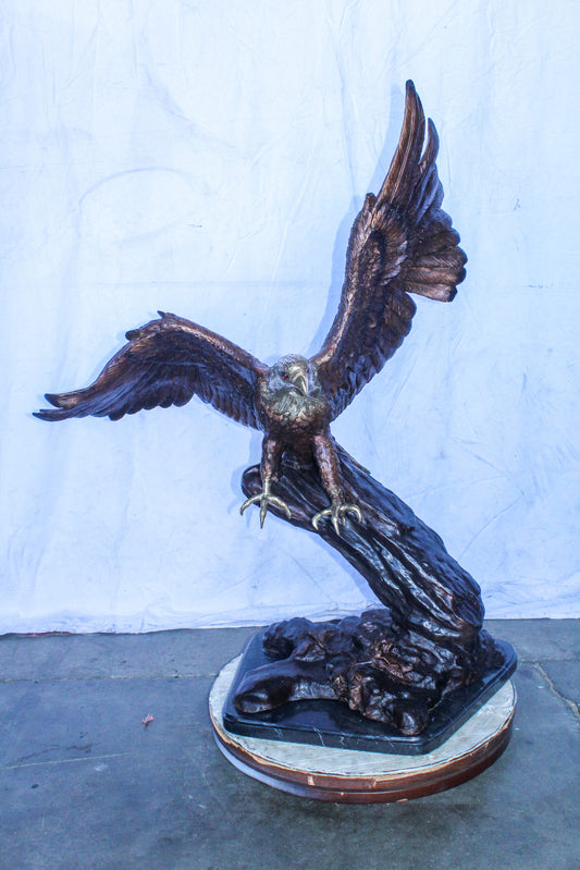 Large Eagle Coming to Landing Bronze Statue on Marble Base 37" x 19" x 46"H