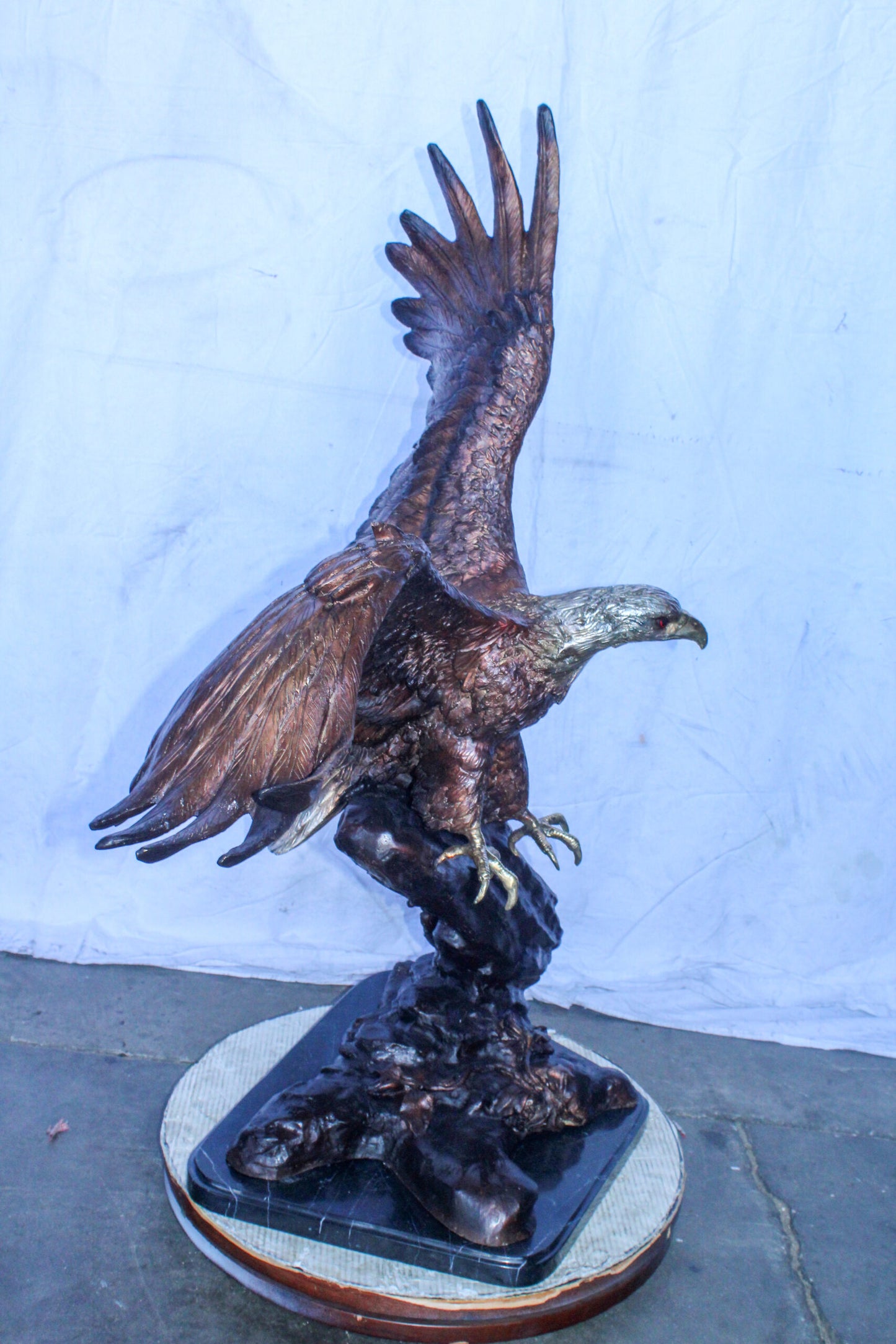 Large Eagle Coming to Landing Bronze Statue on Marble Base 37" x 19" x 46"H