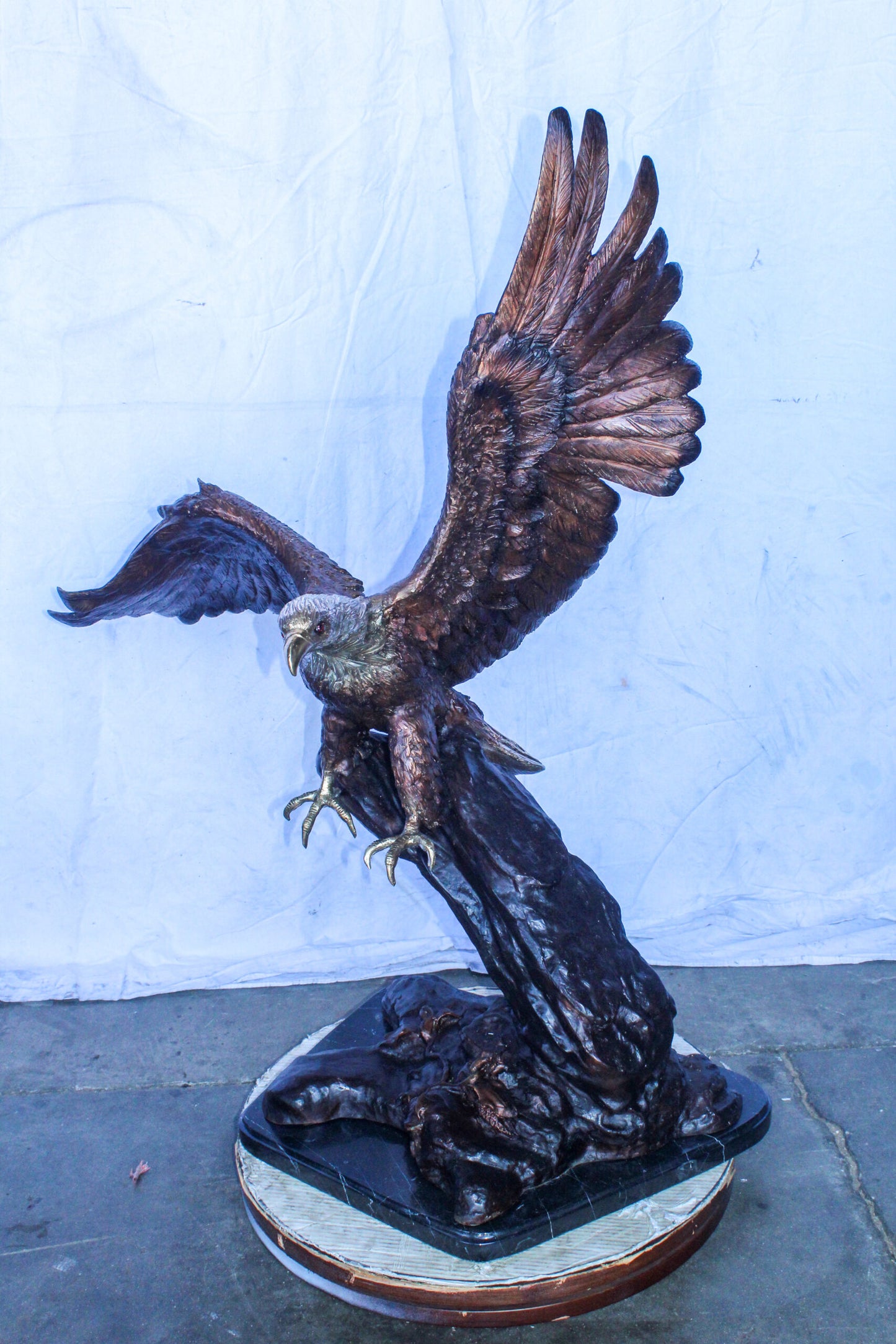 Large Eagle Coming to Landing Bronze Statue on Marble Base 37" x 19" x 46"H