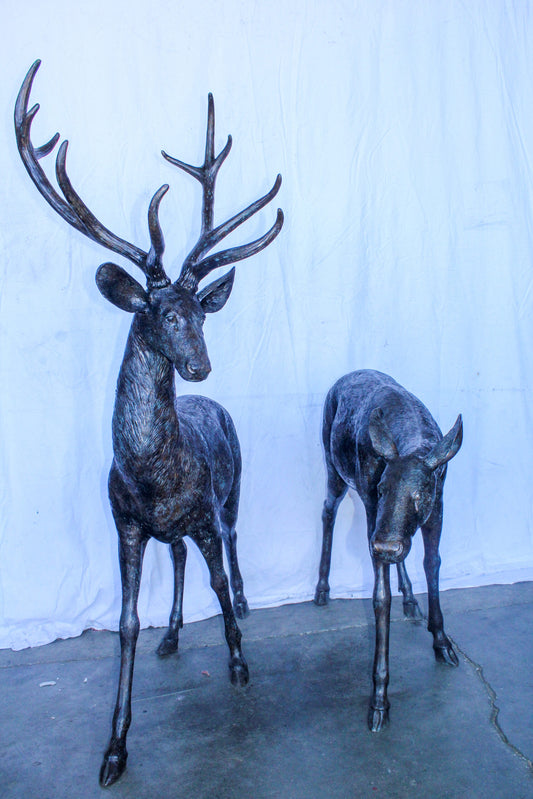 Life Size Bronze Statues of a Pair of Deer, Wildlife Display 58" x 18" x 58"H