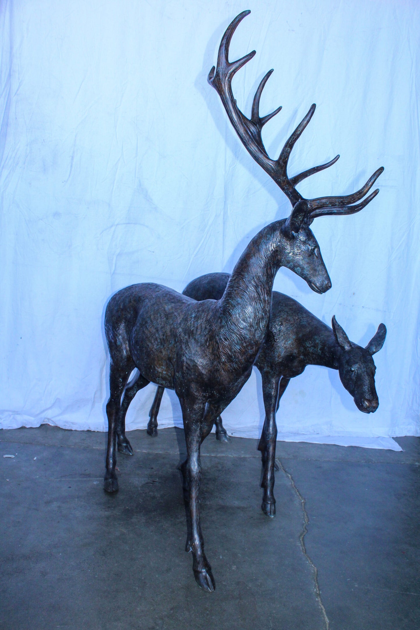 Life Size Bronze Statues of a Pair of Deer, Wildlife Display 58" x 18" x 58"H