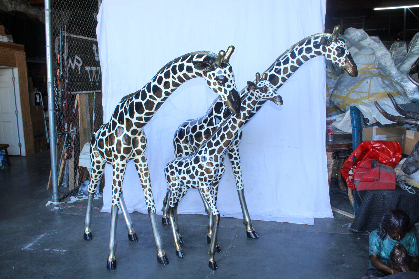 Giraffe Family Bronze Statue Silver and Brown Tone Finish 86" x 24" x 85"H