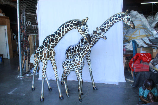 Giraffe Family Bronze Statue Silver and Brown Tone Finish 86" x 24" x 85"H