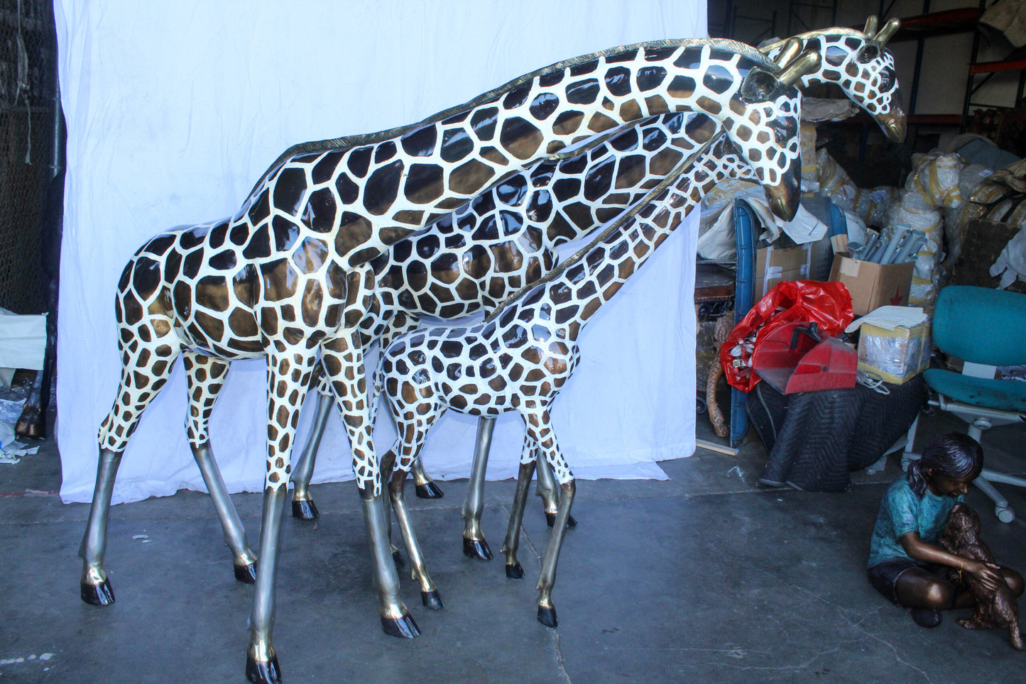 Giraffe Family Bronze Statue Silver and Brown Tone Finish 86" x 24" x 85"H