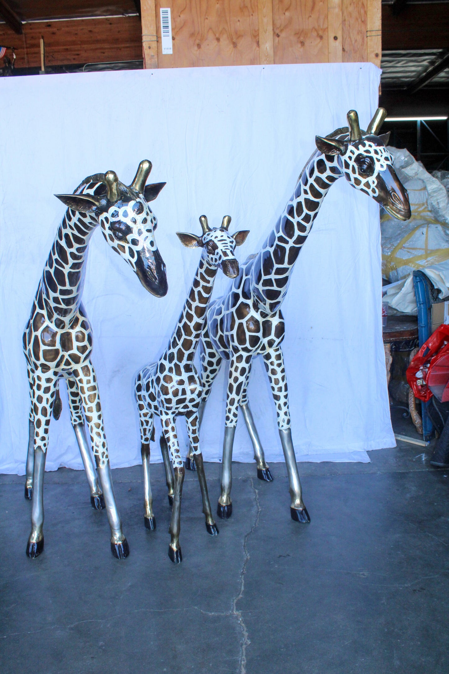 Giraffe Family Bronze Statue Silver and Brown Tone Finish 86" x 24" x 85"H