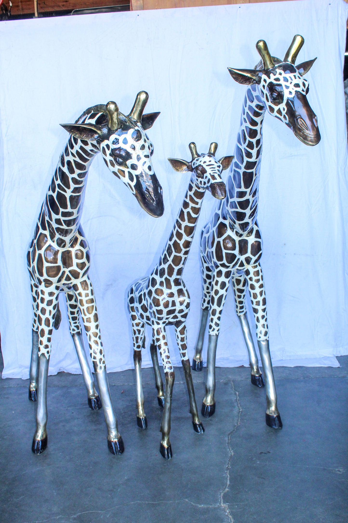 Giraffe Family Bronze Statue Silver and Brown Tone Finish 86" x 24" x 85"H
