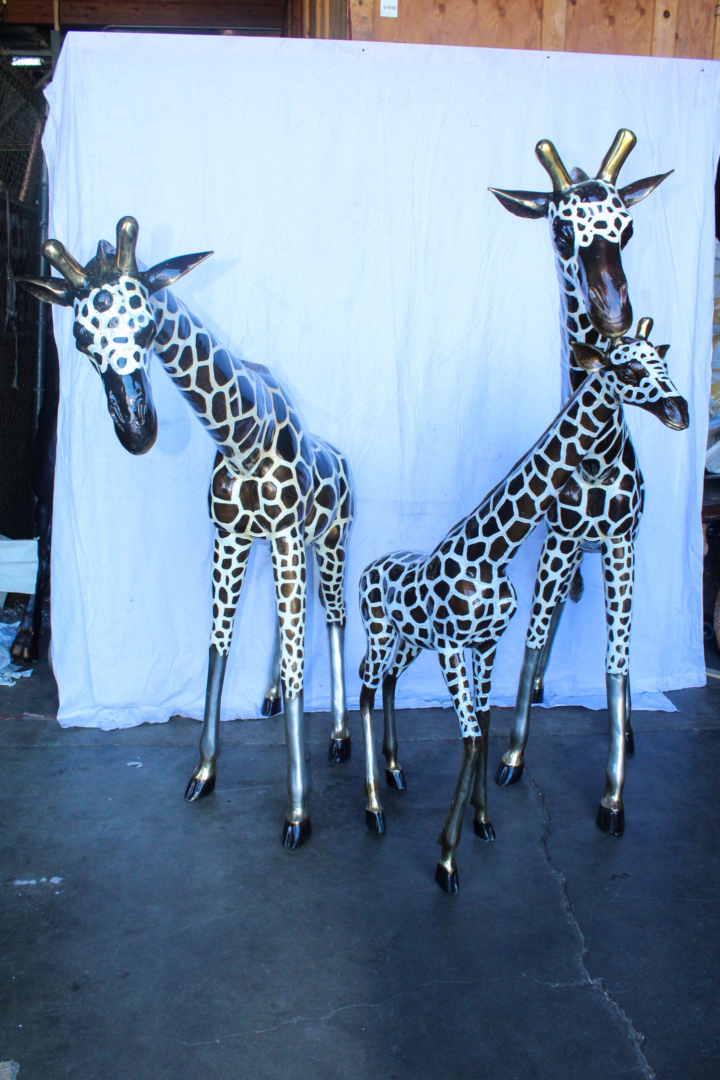 Giraffe Family Bronze Statue Silver and Brown Tone Finish 86" x 24" x 85"H