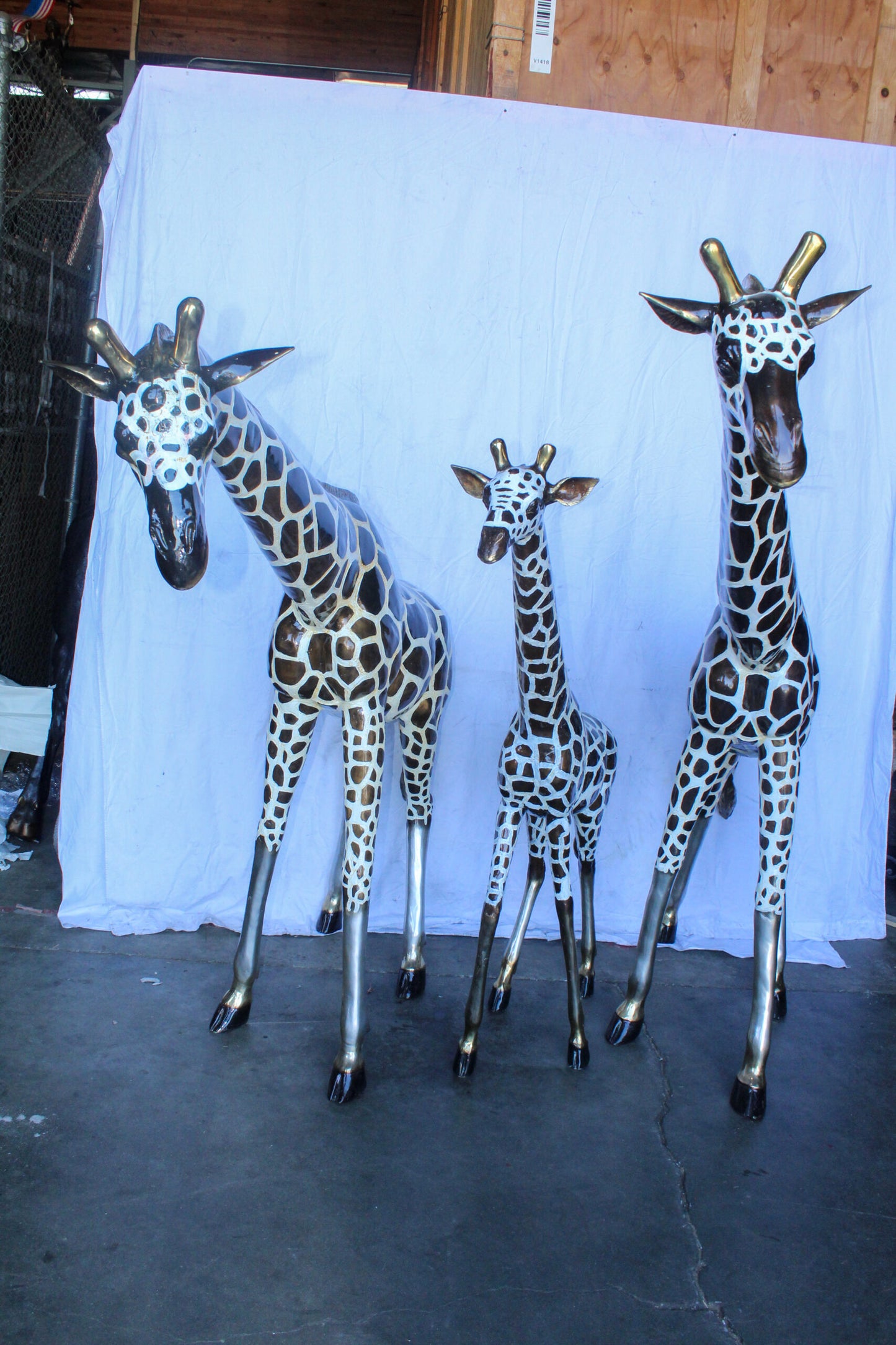 Giraffe Family Bronze Statue Silver and Brown Tone Finish 86" x 24" x 85"H