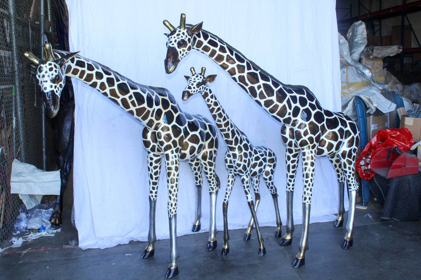 Giraffe Family Bronze Statue Silver and Brown Tone Finish 86" x 24" x 85"H