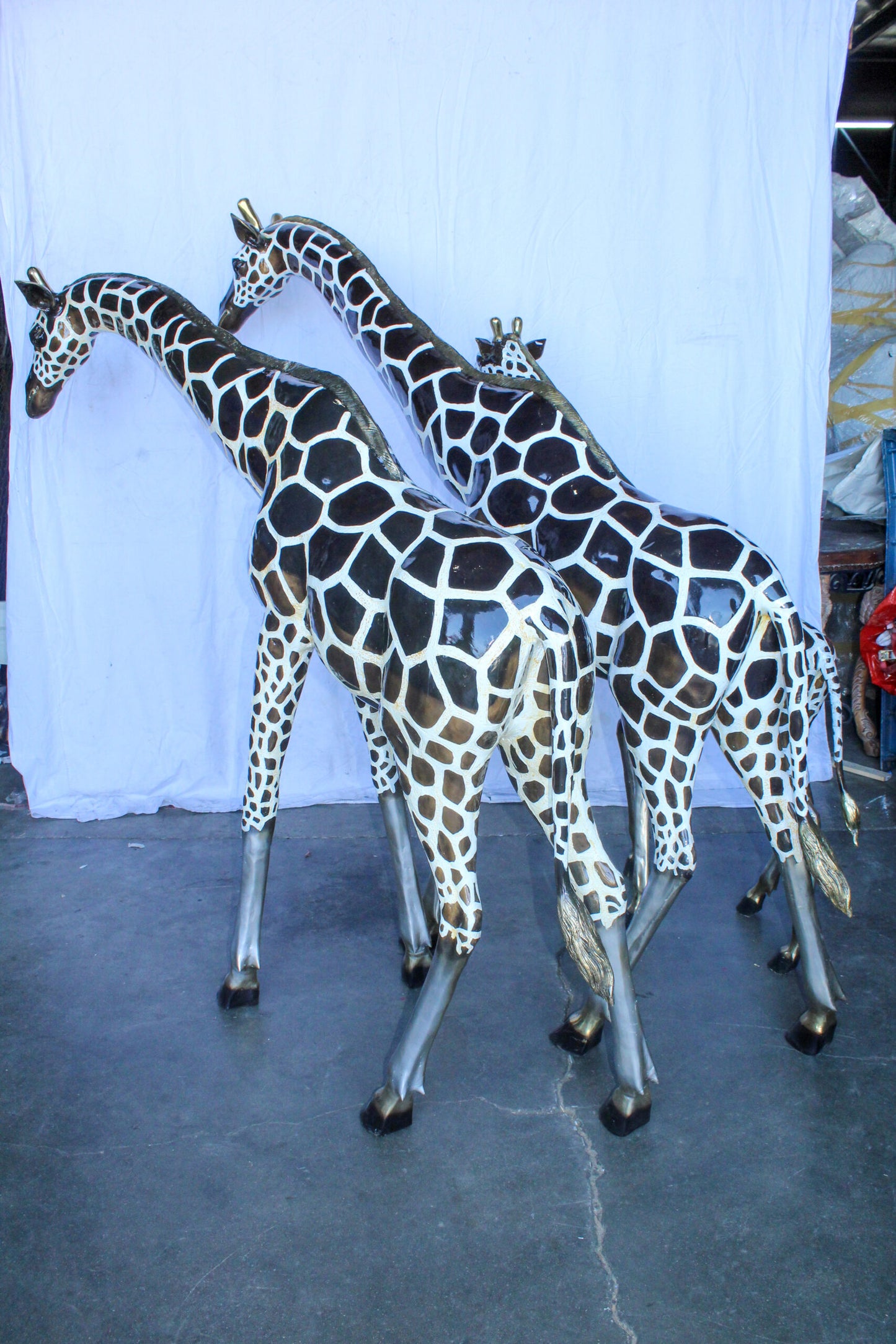 Giraffe Family Bronze Statue Silver and Brown Tone Finish 86" x 24" x 85"H