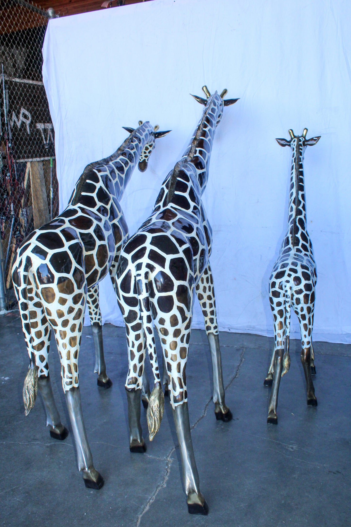 Giraffe Family Bronze Statue Silver and Brown Tone Finish 86" x 24" x 85"H