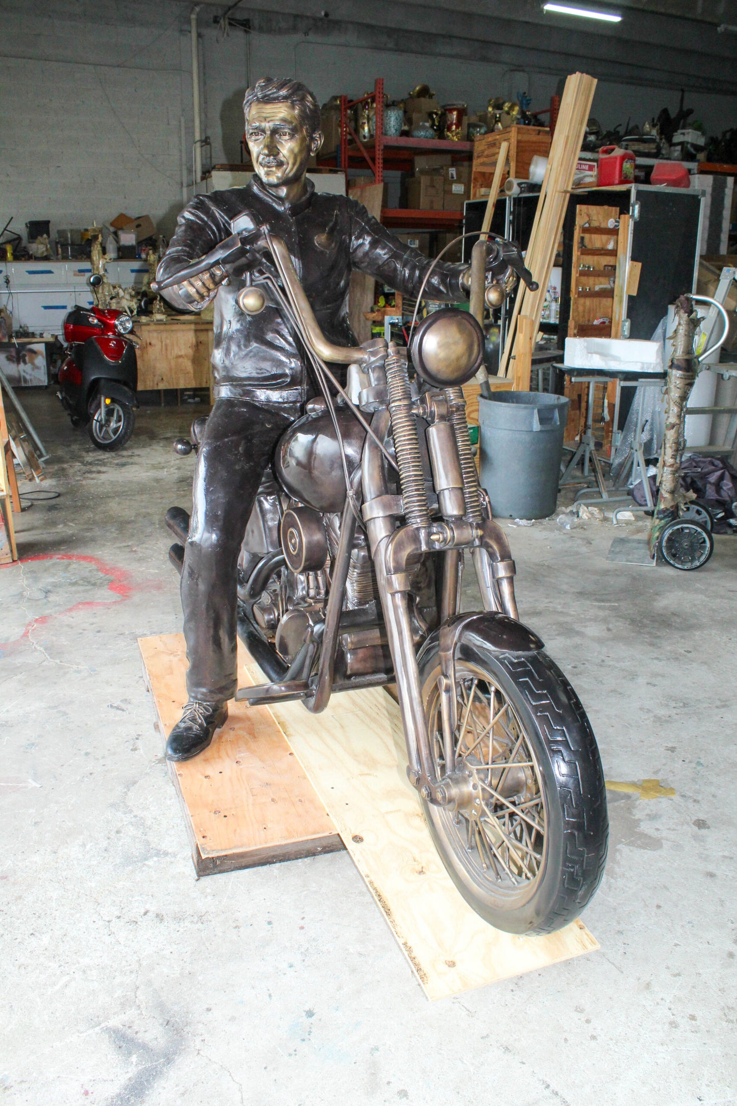 Bronze Sculpture of Man on His Motorcycle Life Size 94" x 50" x 72"H