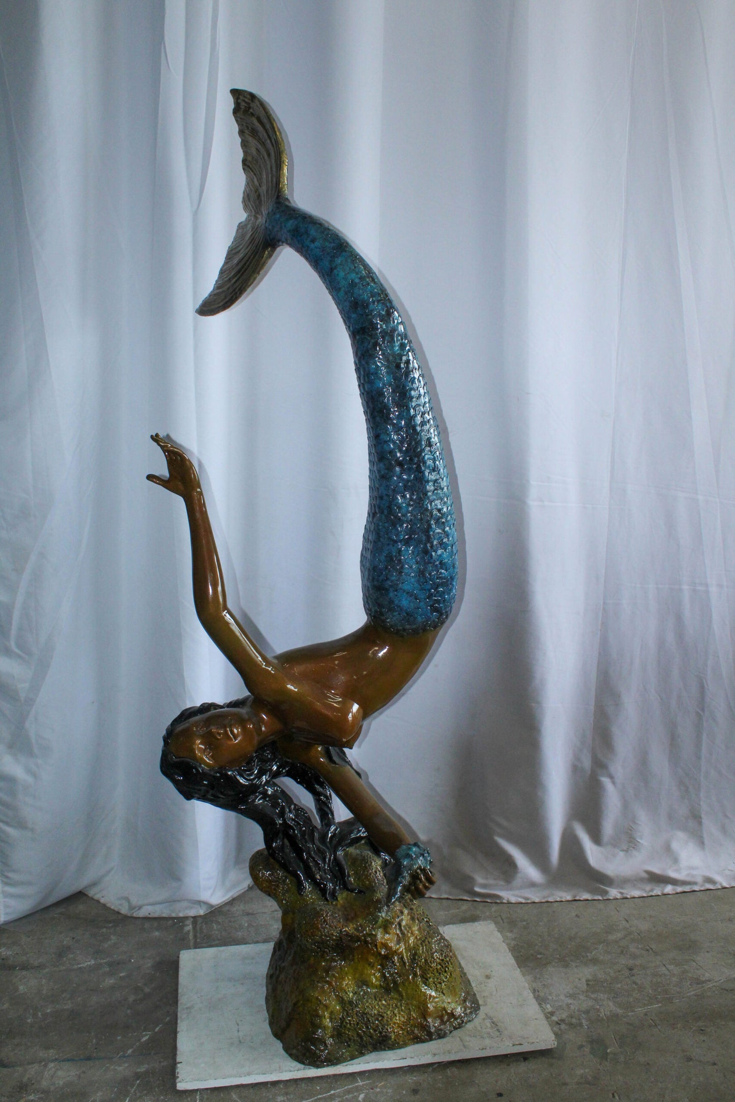 Large Bronze Mermaid Fountain Statue With Blue Tail 37" x 30" x 85"H