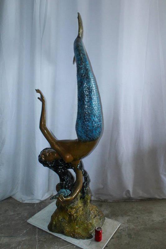 Large Bronze Mermaid Fountain Statue With Blue Tail 37" x 30" x 85"H