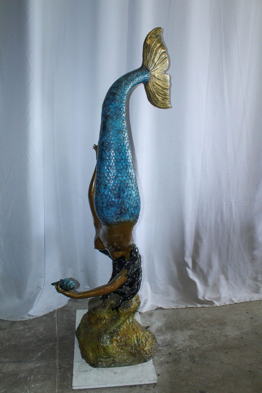 Large Bronze Mermaid Fountain Statue With Blue Tail 37" x 30" x 85"H