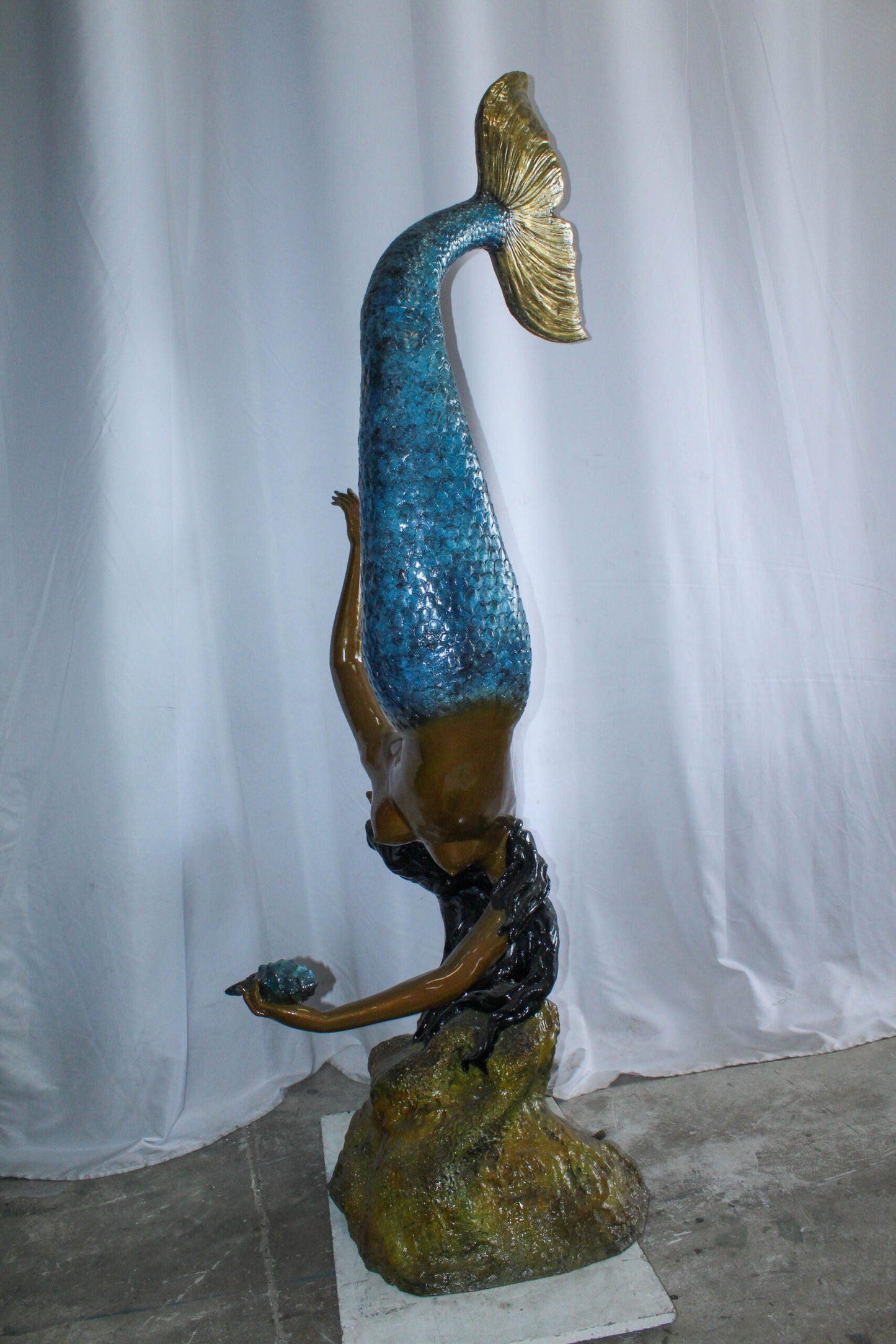 Large Bronze Mermaid Fountain Statue With Blue Tail 37" x 30" x 85"H